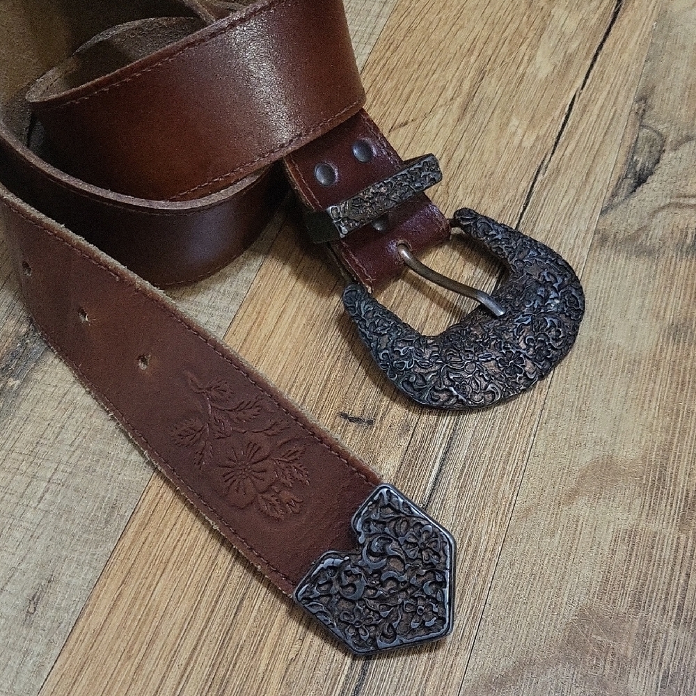 AXCESS Brown Embossed Floral Leather Belt Ornate Buckle & Tongue End